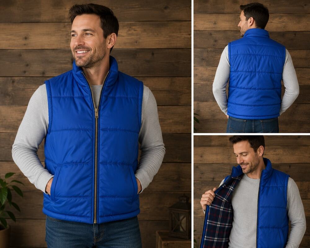 Weatherproof Vintage Blue Puffer Vest Men's Large Plaid Lined Full Zip